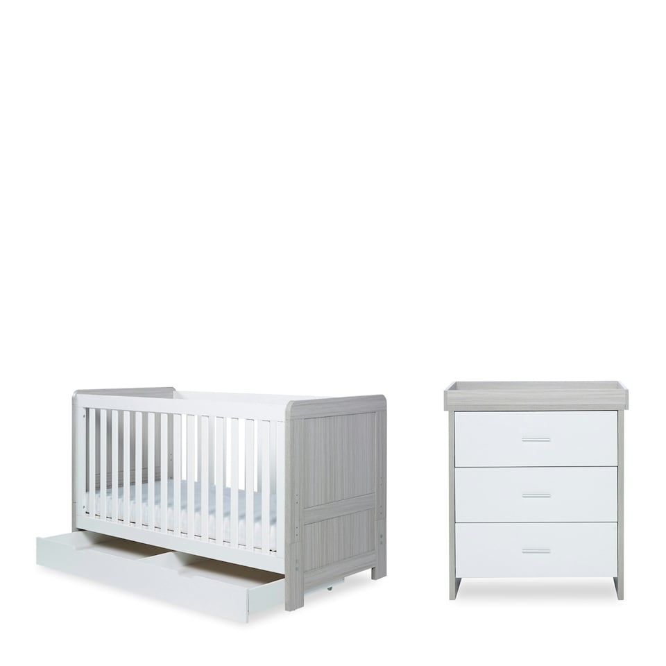 image 1 of Pembrey 2 Piece Furniture - Cot Bed, Changing Unit & Premium Sprung Mattress, Suitable from Birth to 4 Years (Ash Grey & White)