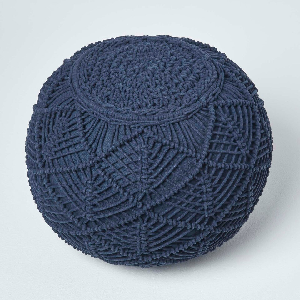 image 1 of Homescapes Navy Macrame Knitted Pouffe - 40 x 50 cm