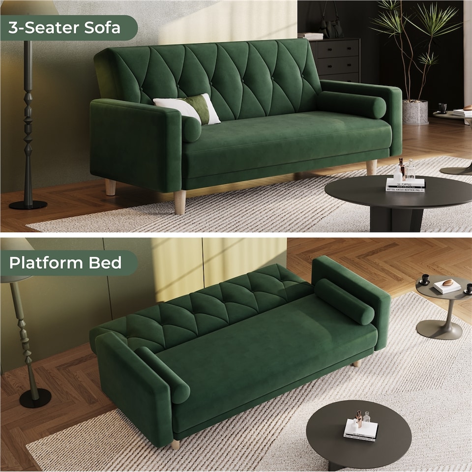 image 1 of Yaheetech Velvet Convertible Sofa Bed with 2 Bolster Pillows-Green