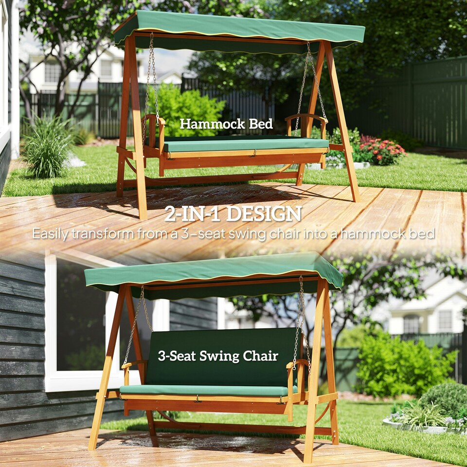 image 1 of Outsunny 3-Seater 2-in-1 Wooden Swing/Hammock Bench, Dark Green Green | Green