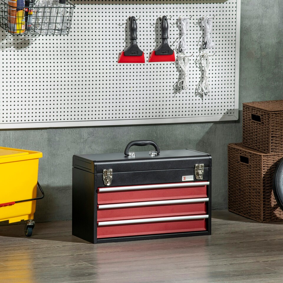 image 1 of DURHAND Lockable 3 Drawer Tool Chest with Ball Bearing Slide Drawers Black | Black | Red | 51cm x 22cm x 32cm | 1