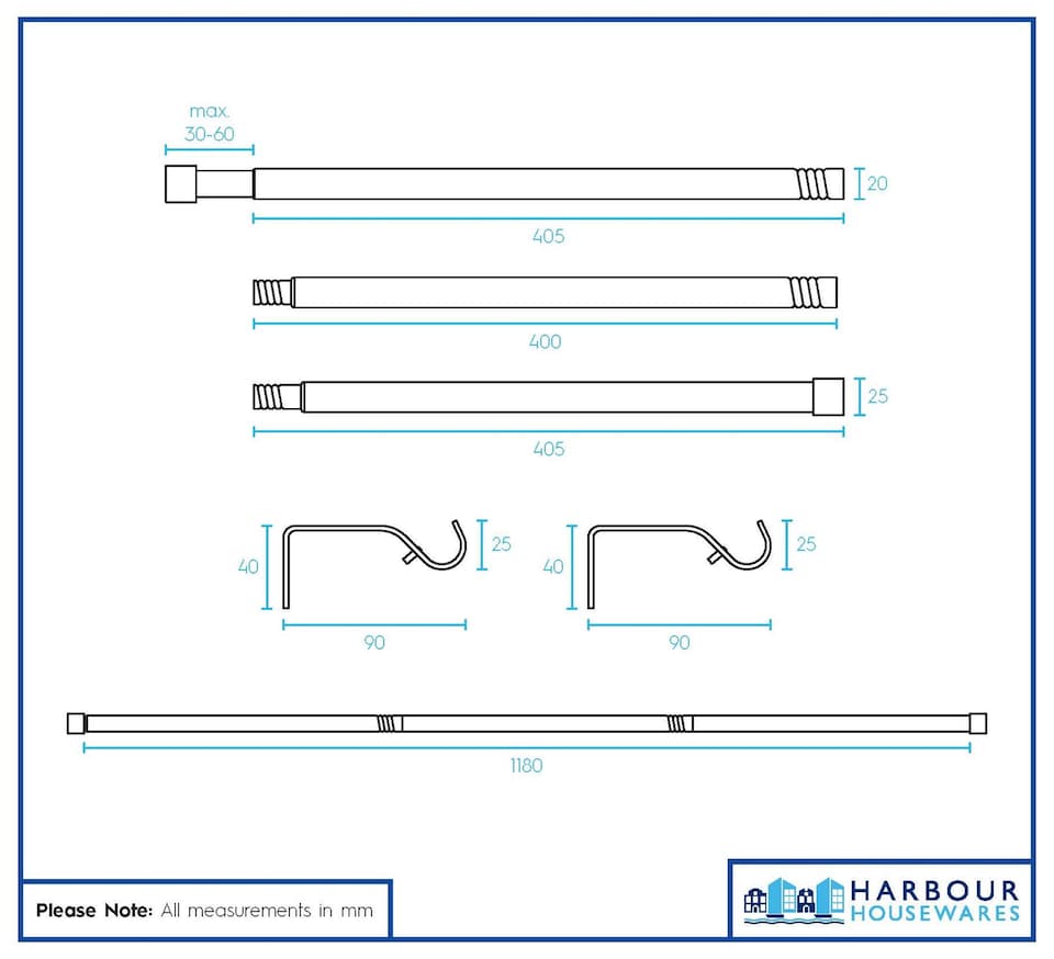 image 1 of Harbour Housewares Extendable Metal Curtain Pole Kit - 83 to 120cm - Brushed Nickel