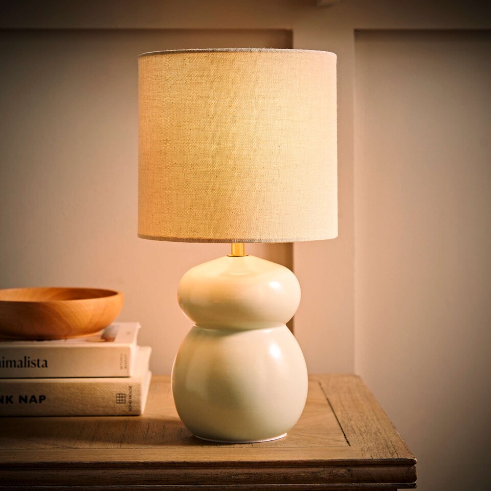 image 1 of ValueLights Kendal Natural Linen Shade Blue Glazed Ceramic Table Lamp and Bulb