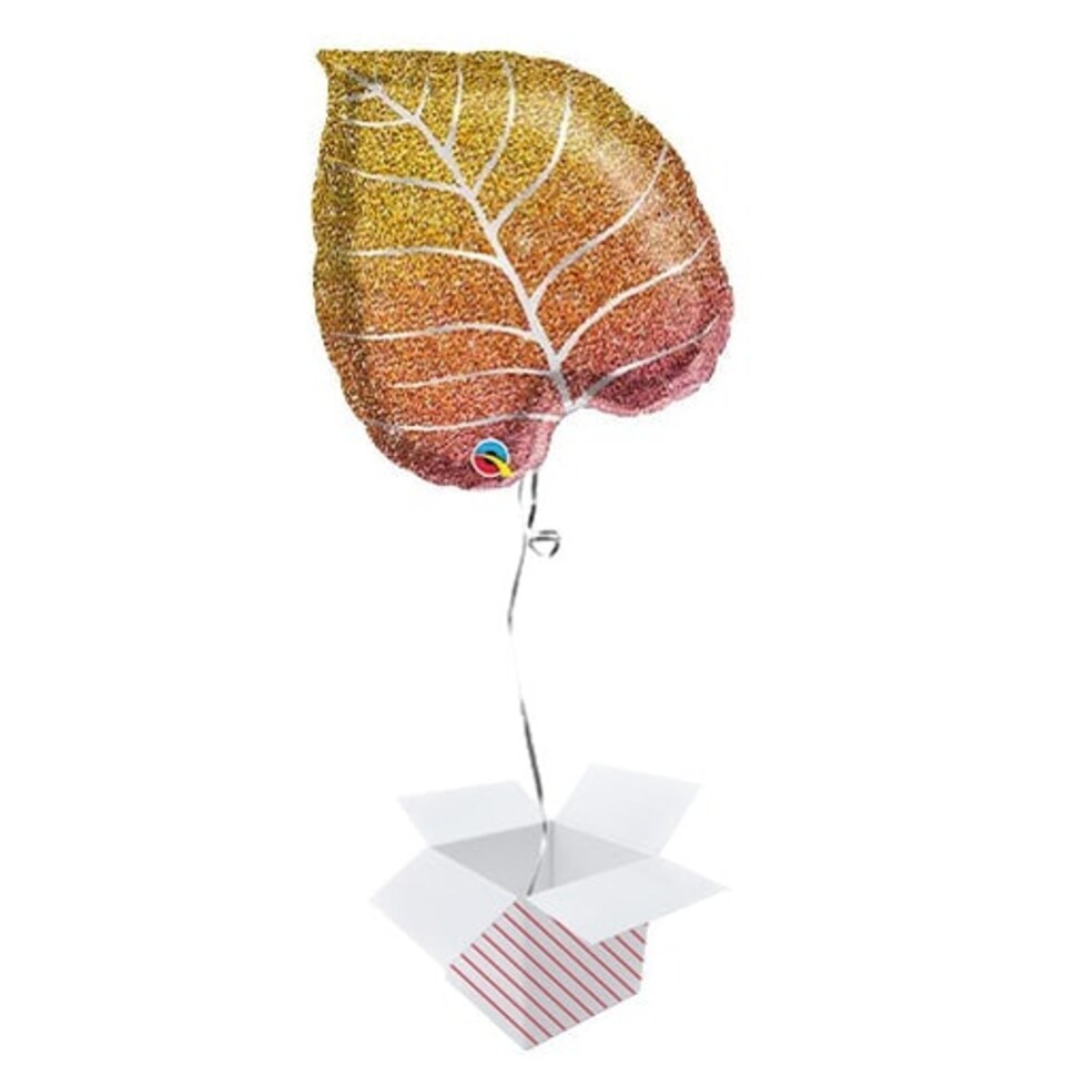 Fall Glittergraphic Ombre Leaf Shape Helium Foil Qualatex Balloon - Inflated Balloon in a Box