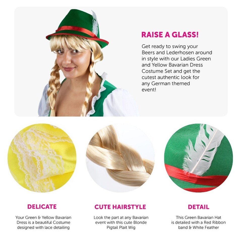 image 1 of Green & Yellow Bavarian Dress with Stockings, Plaits & Hat Green | L