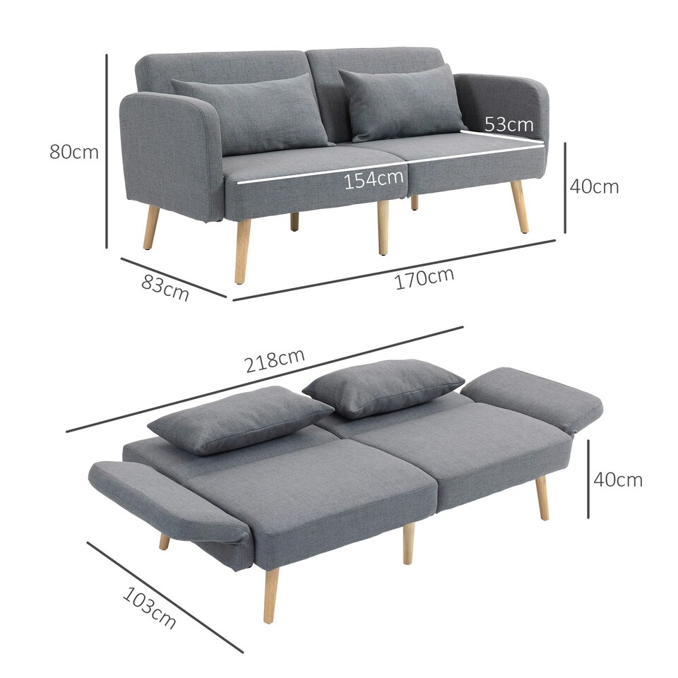 image 1 of HOMCOM Convertible Sofa Bed Settee with Cushions, Adjustable Backrest, Grey