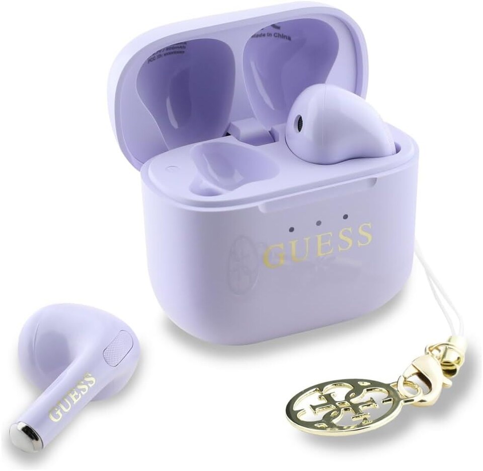 image 1 of Guess Glossy Effect Printed Classic Logo & Charm TWS Earphones Purple - GUTWSXMCCLU