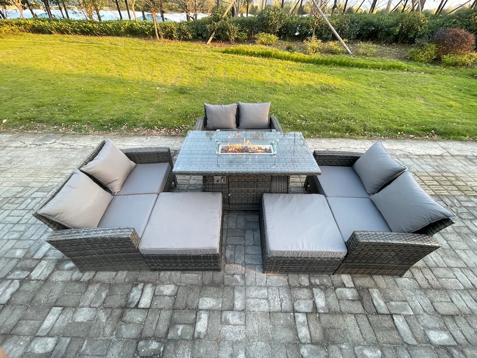 image 1 of Fimous Rattan Garden Furniture Set Outdoor Lounge Sofa Chair Gas Fire Pit Dining Table Set With 2 Big Footstool Double Seat Sofa Armchiar