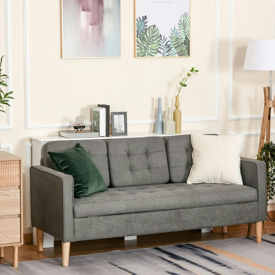 image 1 of HOMCOM Modern 3 Seater Sofa with Hidden Storage and Rubber Wood Legs, Grey