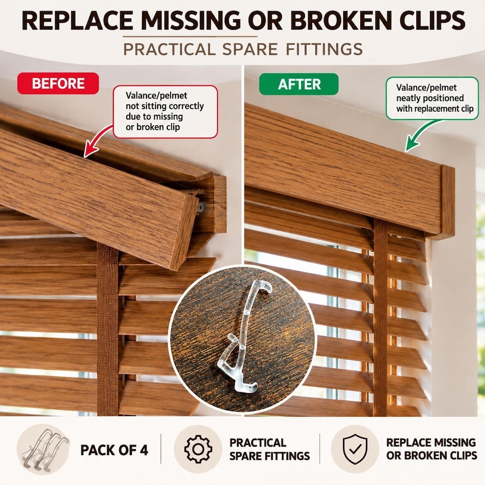 image 1 of 50mm Valance Pelmet Clips for Wood Venetian Blinds Clear Pack of 4