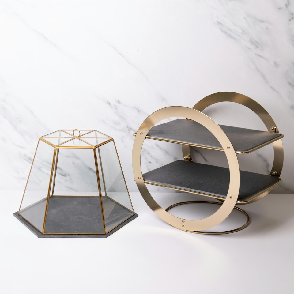 image 1 of 2pc Serveware Set with Serving Cloche with Slate Base and 2-Tier Brass Cake Stand with Round Slate Serving Platters Clear