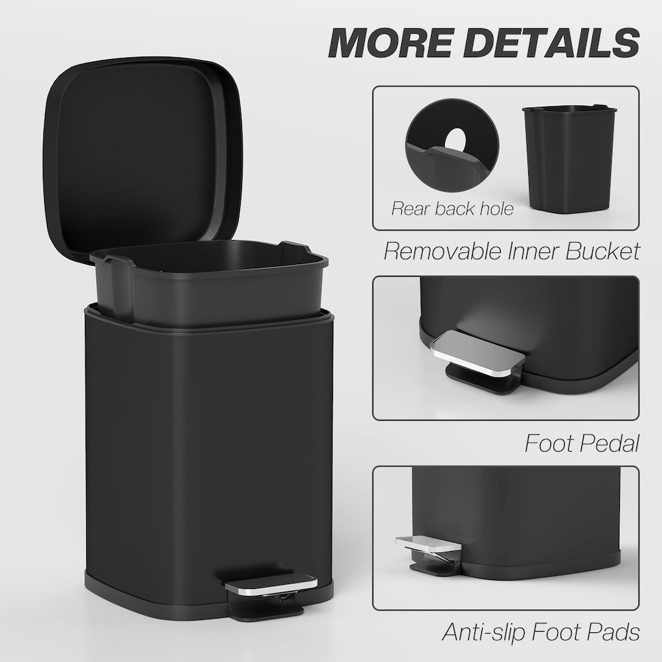 image 1 of HOMCOM 12L Kitchen Pedal Bin, Metal Rubbish Bin with Soft-close Lid | Black | 12L | 1