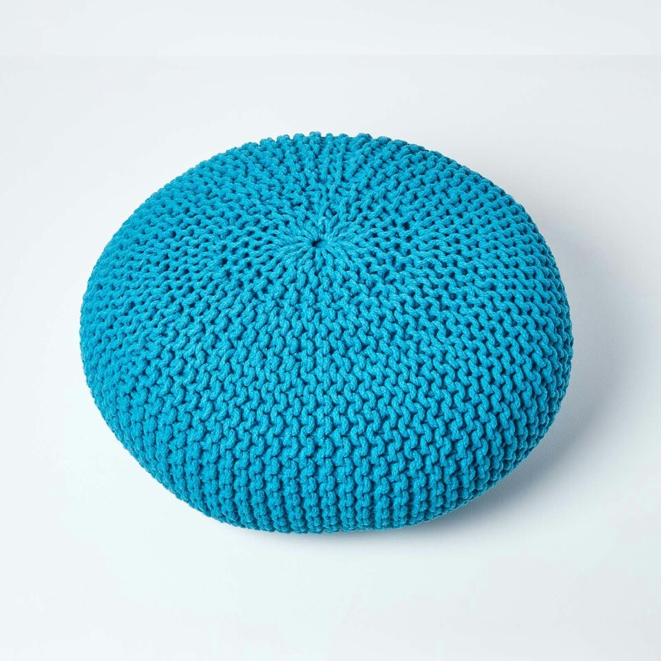 image 1 of Homescapes Teal Blue Large Round Cotton Knitted Pouffe Footstool