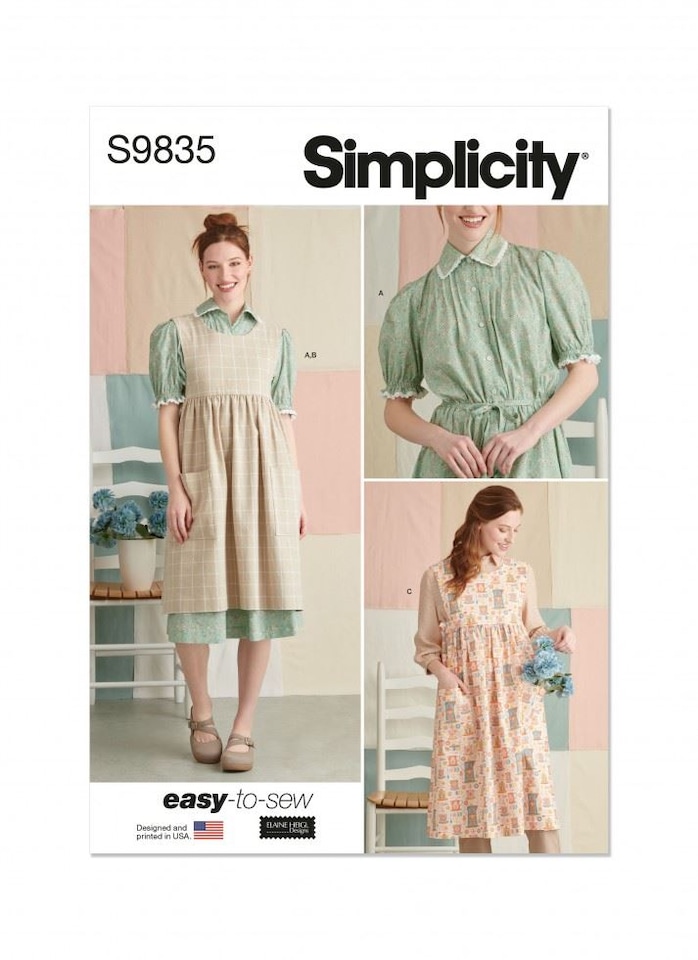 image 1 of Simplicity 9835 Paper Sewing Pattern – Women’s Dresses, Pinafores & Aprons, Size A (XS–S–M–L–XL), Easy