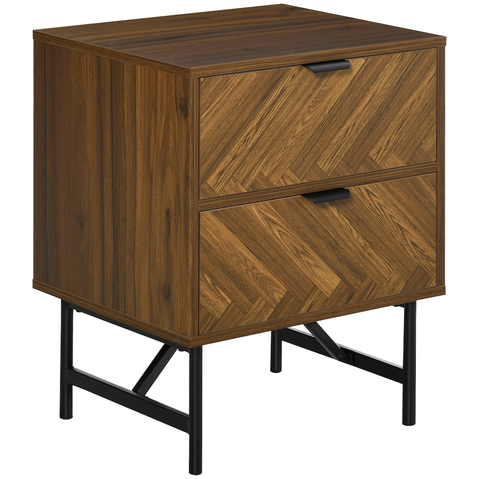 image 1 of HOMCOM Two-Drawer Herringbone Bedside Table Home Cabinet Bedroom Storage Brown