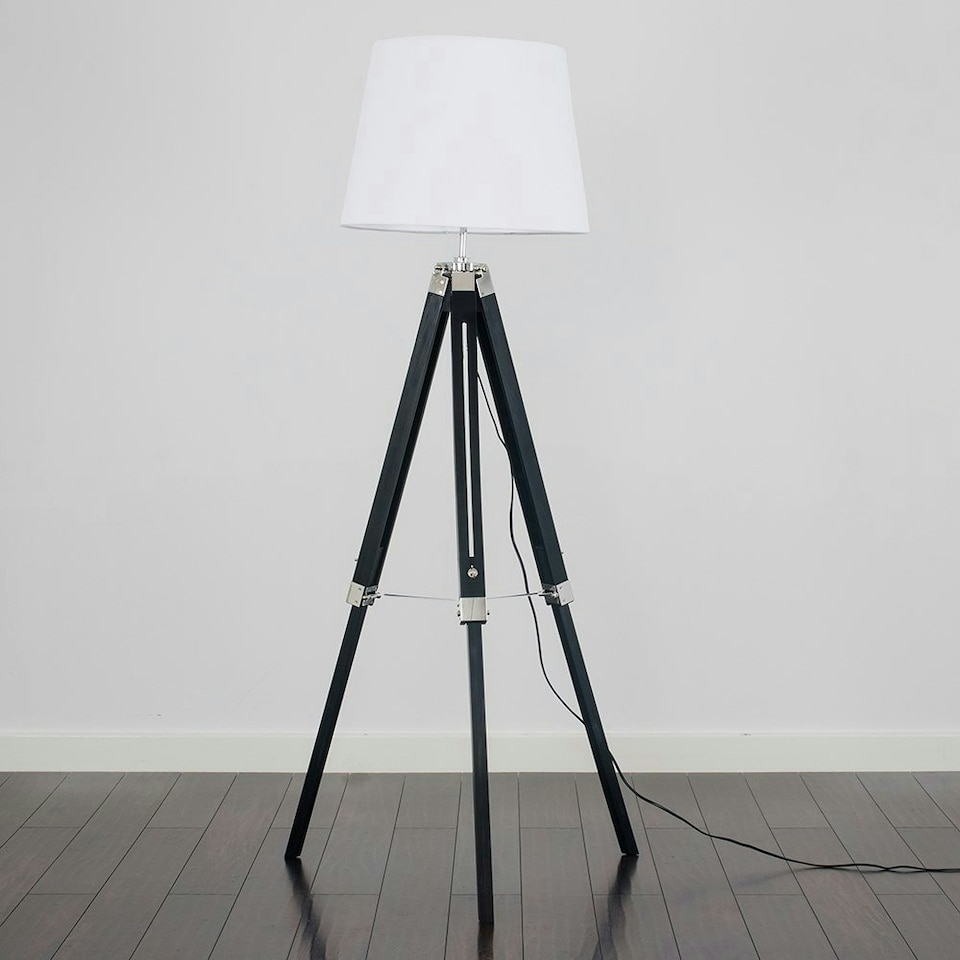 image 1 of ValueLights Modern Black Wood And Silver Chrome Tripod Floor Lamp With White Light Shade