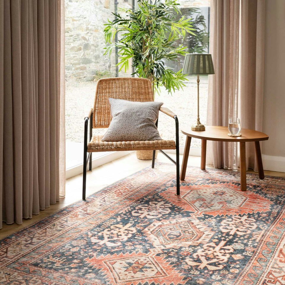 image 1 of KUKOON Terracotta Blue Distressed Persian Style Non Slip Washable Low Pile Rug 60cm x 110cm