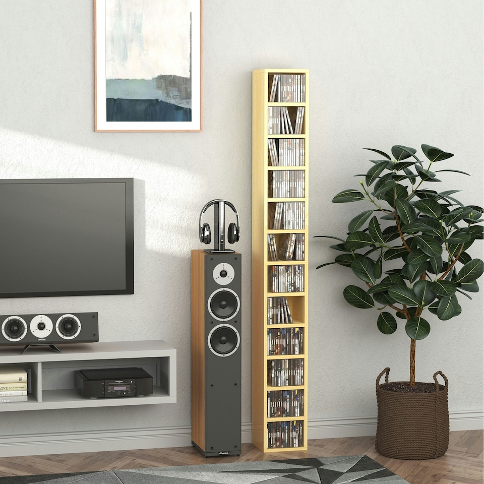 image 1 of HOMCOM 204 CD Storage Tower Tall Bookcase Bookshelf with 12 Cubes Oak Tone