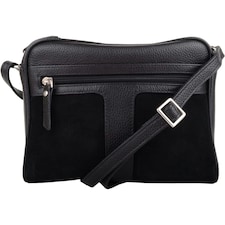 Genuine Soft Leather Crossbody Shoulder Handbag with Suede Panelling Black | Black