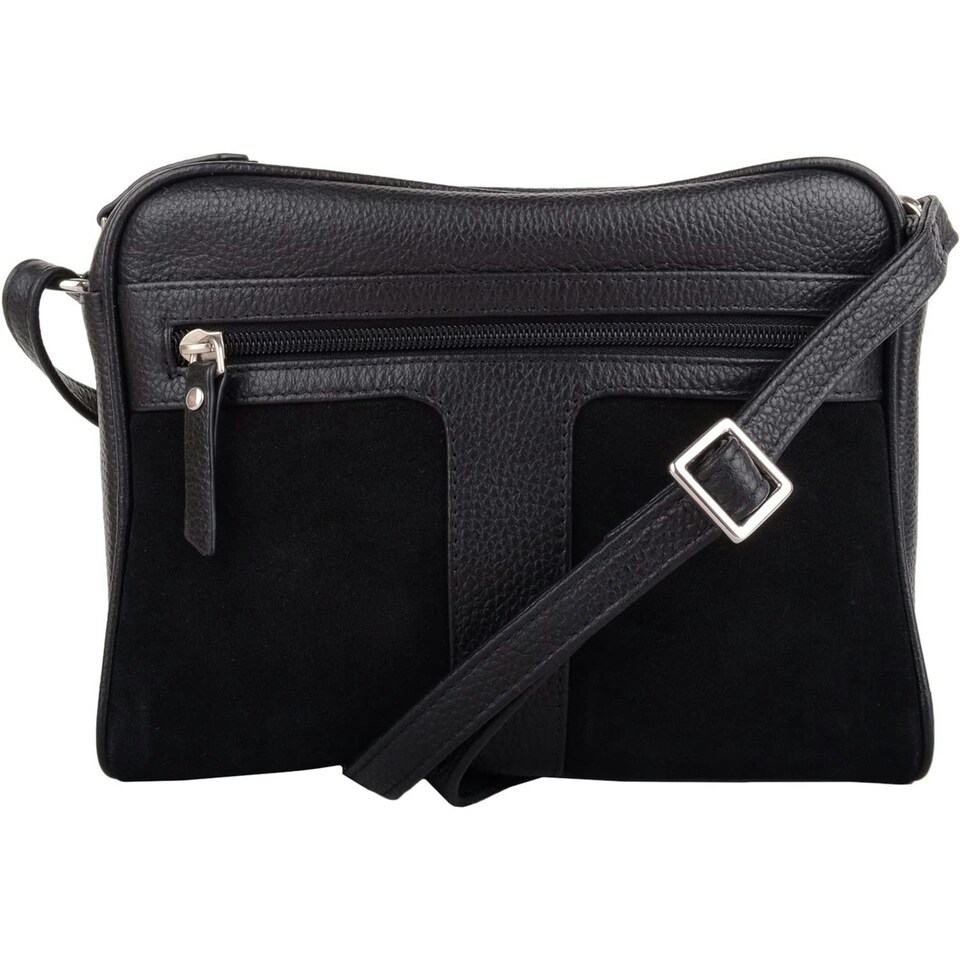 image 1 of Genuine Soft Leather Crossbody Shoulder Handbag with Suede Panelling Black | Black
