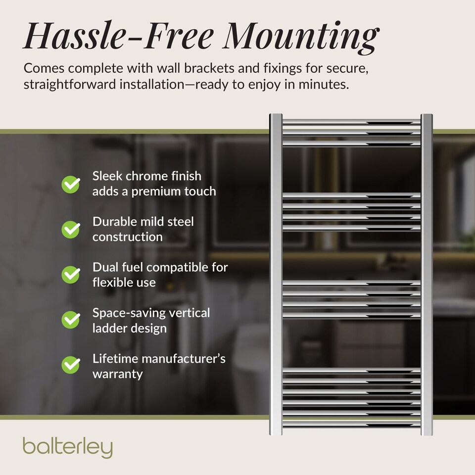 image 1 of Straight Heated Towel Rail Radiator, 403W, 600 x 1100mm, Chrome | Silver | Chrome