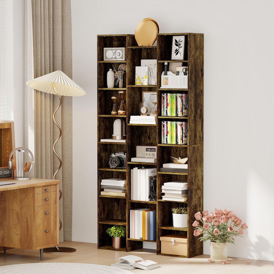 image 1 of HOMCOM 21-Cube Tall Bookcase, Modern Cube Book shelf with 10 Adjustable Shelves, Freestanding Multi-Functional Storage Unit for Living Room, Home Office, Bedroom, 181 x 89.5W cm, Rustic Brown | Brown | Rustic Brown