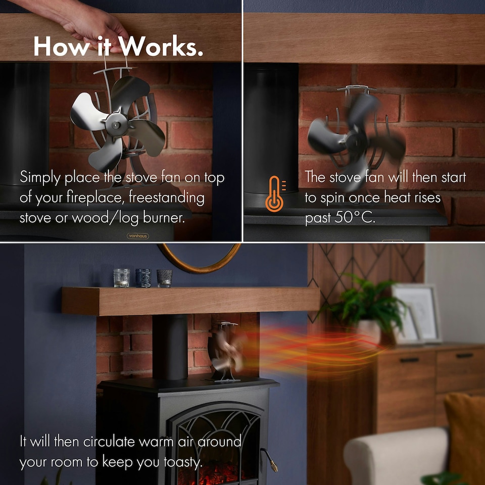 image 1 of VonHaus Stove Fan with 4 Blades for Log Burners & Fireplaces