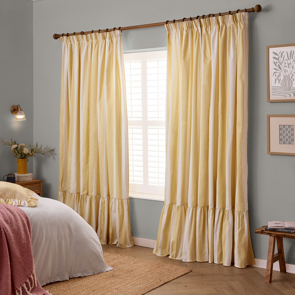 image 1 of Furn Birdie Stripe Fully Lined Ruffle Pencil Pleat Curtain Pair, Butter Yellow, (W) 117cm x (D) 183cm