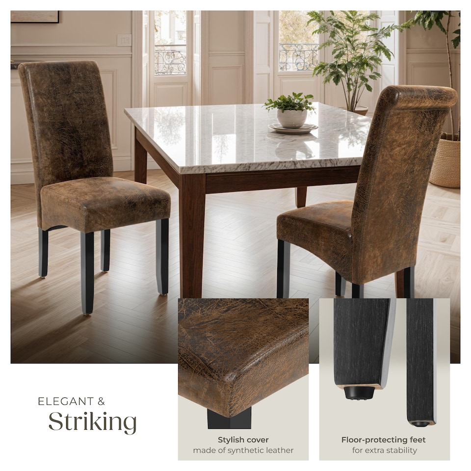 image 1 of Dining Chair - ergonomic seat shape, high backrest, padded, faux leather | Brown | antique brown | 6