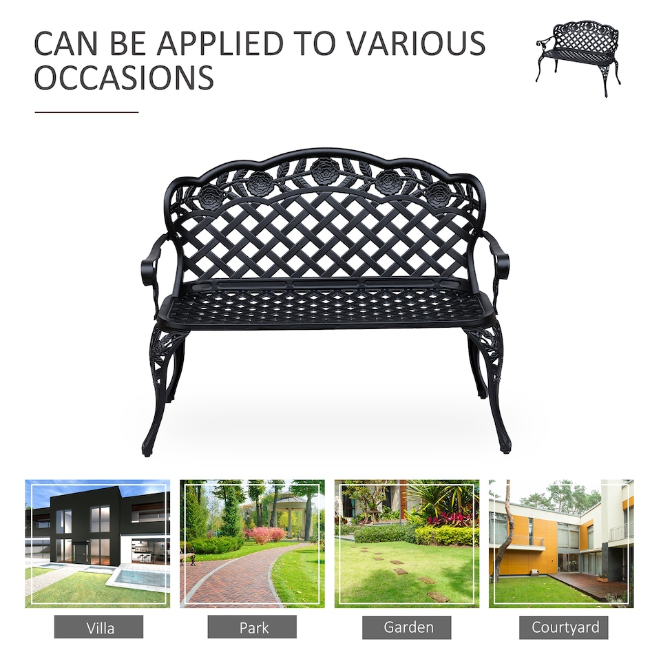 image 1 of Outsunny Cast Aluminium Garden Bench Outdoor Patio 2 Seater High Back Chair Armrest Antique Style Black
