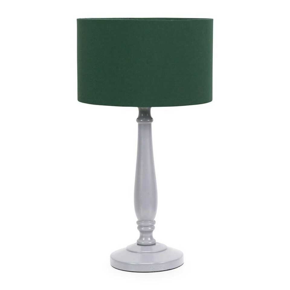image 1 of ValueLights Victoria Grey Wood Traditional Stem Table Lamp with Green Fabric Drum Shade and LED Bulb