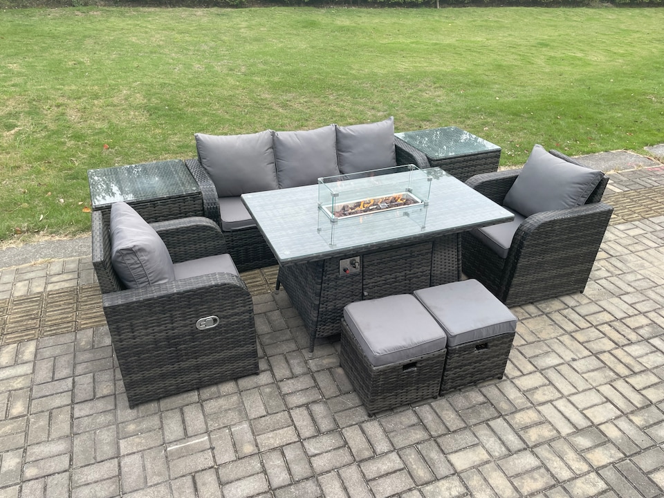 image 1 of Fimous Wicker Rattan Garden Furniture Sofa Set Gas Fire Pit Dining Table Indoor Outdoor with 2 Side Table Chair Footstool