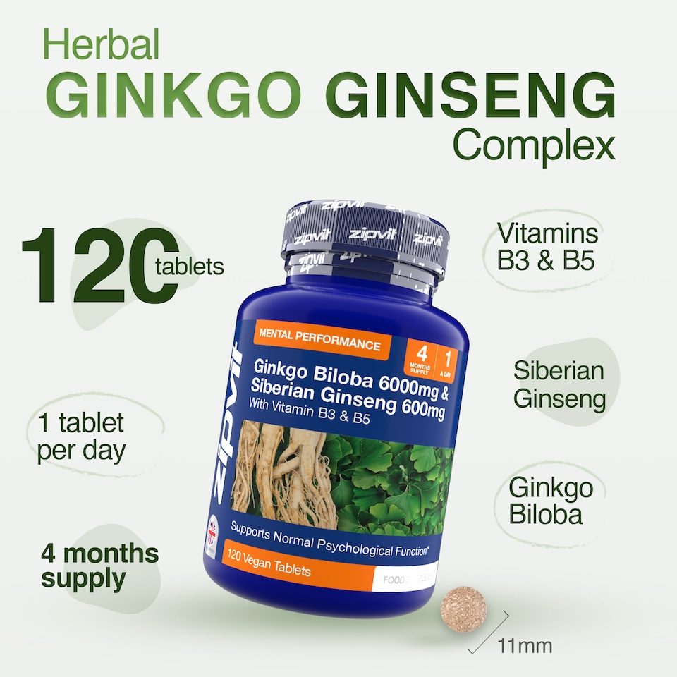 image 1 of Zipvit Ginkgo Biloba 6000mg & Siberian Ginseng 600mg with Vitamin B3 & B5, Energy & Mental Performance, 120 Vegan Tablets, 4-Month Supply