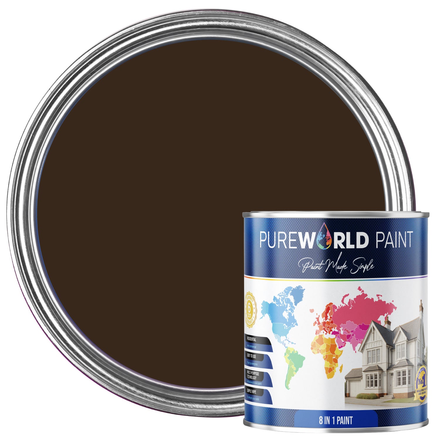 PUREWORLD All-in-One Paint & Primer - Multi-Surface Interior & Exterior, Walls & Wood - Dark Brown - 2.5L - Matt