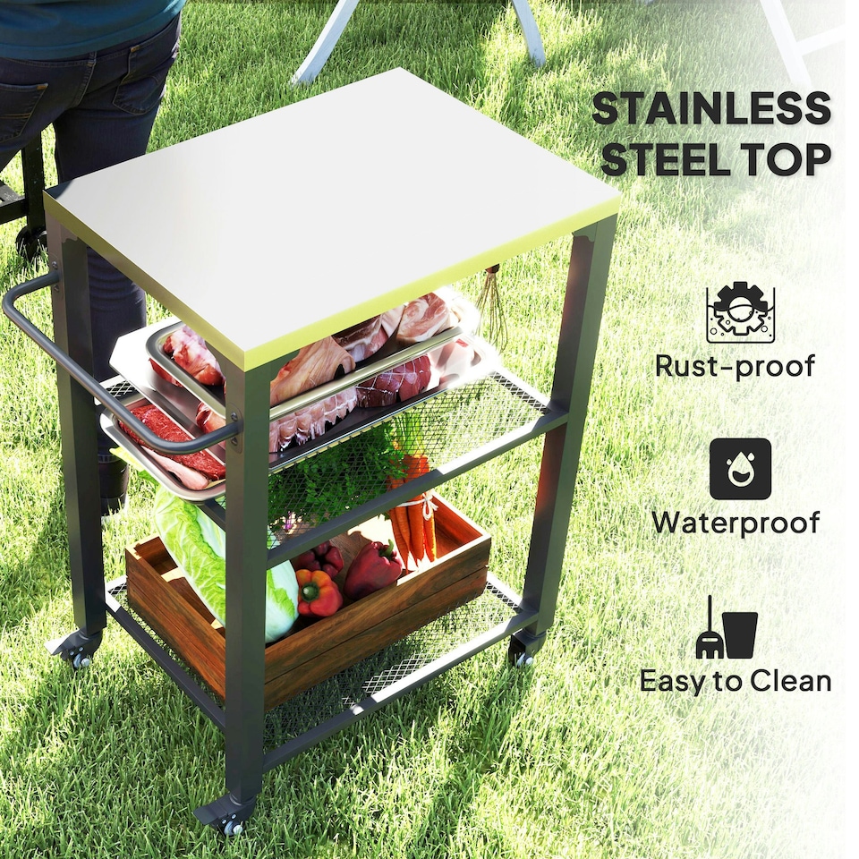 image 1 of Outsunny 3-Shelf Outdoor Grill Cart, Outdoor Kitchen w/ Stainless Steel Top