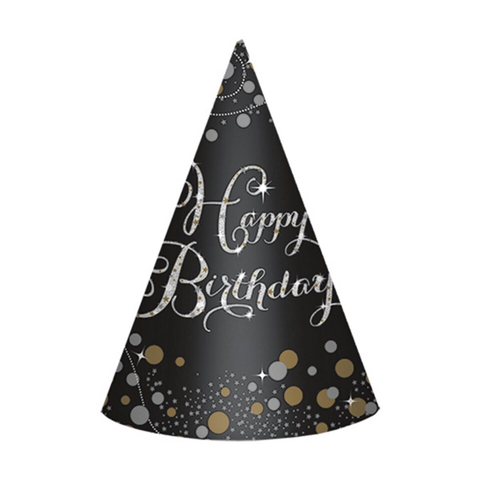 Amscan 8 Sparkling Birthday Celebration Paper Cone Hats - Black/Gold/Silver - One Size
