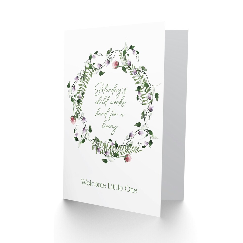 image 1 of Saturday's Child Works Hard Floral Wreath New Baby Card