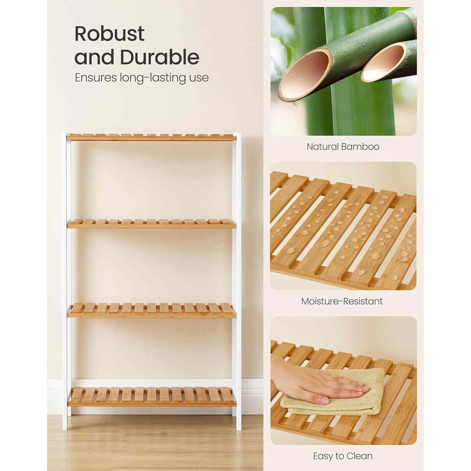 image 1 of 4 Tier Bamboo Storage Shelf, Freestanding Shelving Unit for Bathroom, Kitchen, Hallway or Living Room, White and Natural