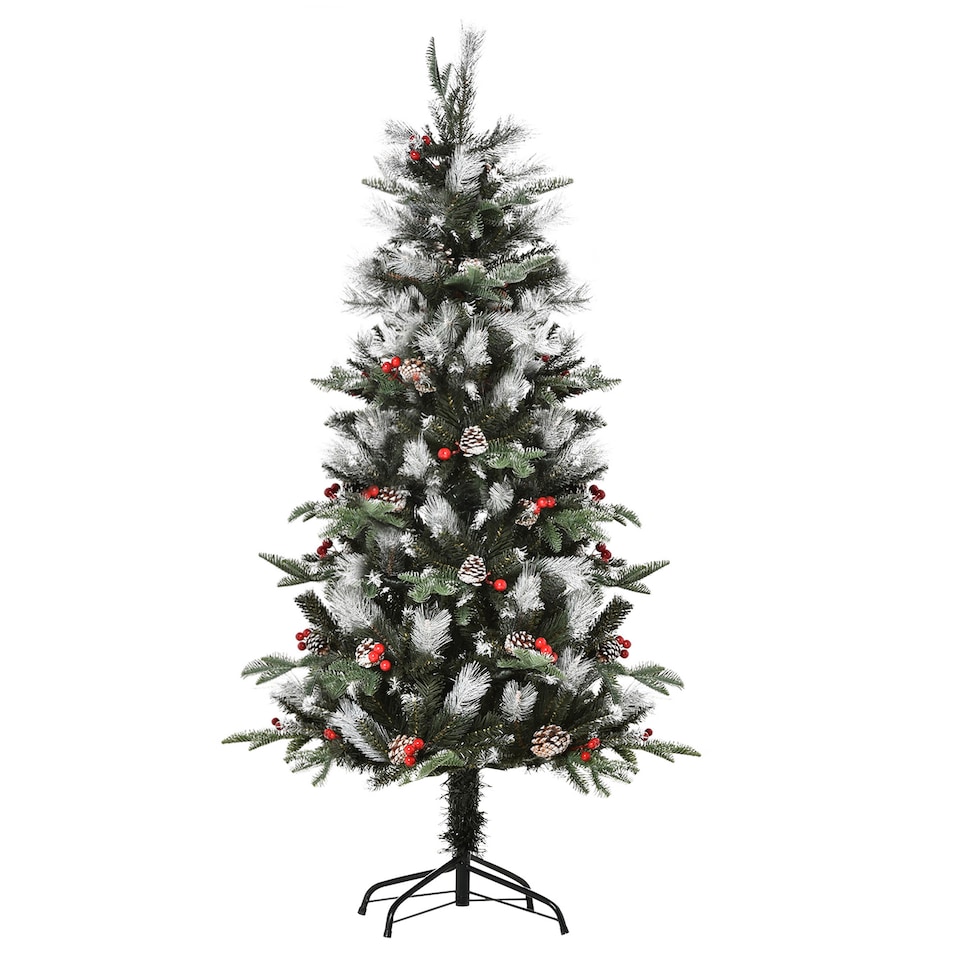 image 1 of HOMCOM 5FT Artificial Snow Dipped Christmas Tree mas Pencil Tree Holiday Home Party Decoration with Foldable Feet Red Berries White Pinecones, Green