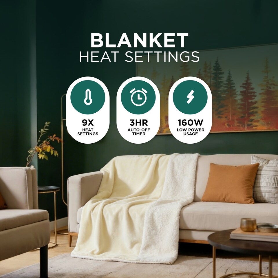 image 1 of DMD Heated Electric Throw Blanket, Fleece Sherpa, 9 Heat Settings & Timer, 150x200cm