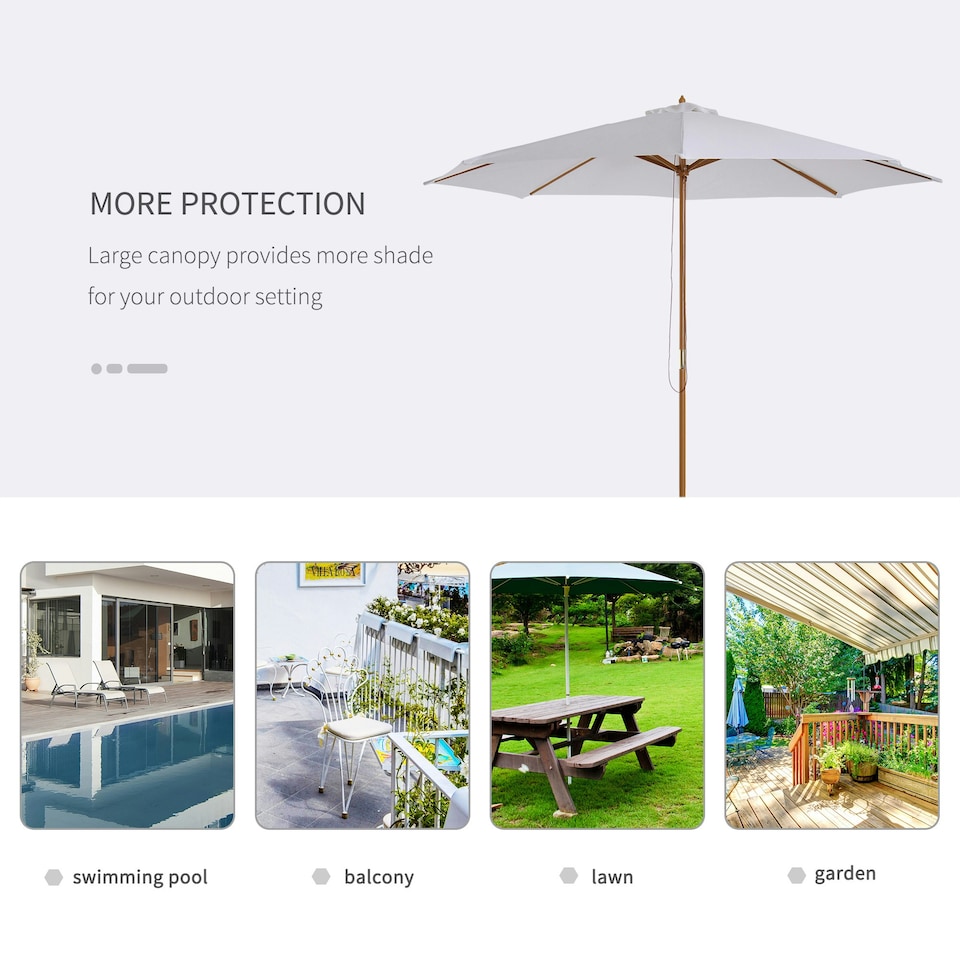 image 1 of Outsunny 3(m) Wooden Garden Parasol Sun Shade Outdoor Umbrella Canopy White