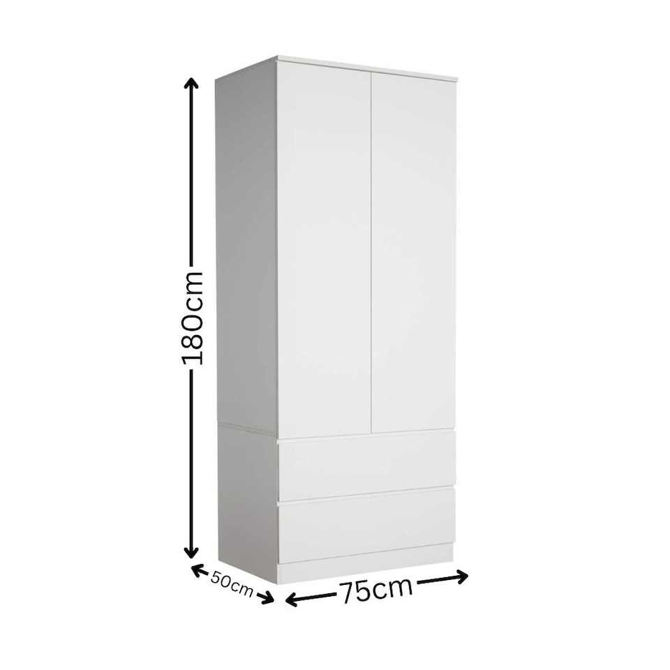 image 1 of Wardrobe 2 Door 2 Drawer Storage Cabinet Modern Home Bedroom Furniture | White