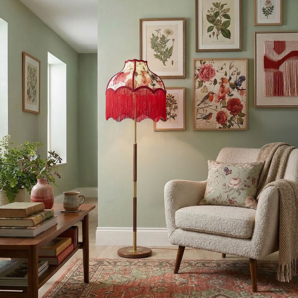 Chic Red Robin Themed Vintage Victorian Style Cotton Fabric Lamp
