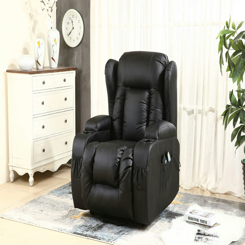 image 1 of Caesar Single Motor Rise Recliner Bonded Leather Heat & Massage Chair (Black)