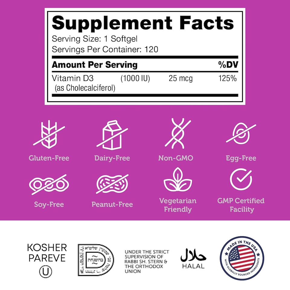 image 1 of Vitamin D3, 1000 IU, D3 Bone Density & Calcium Absorption, 60 Capsules