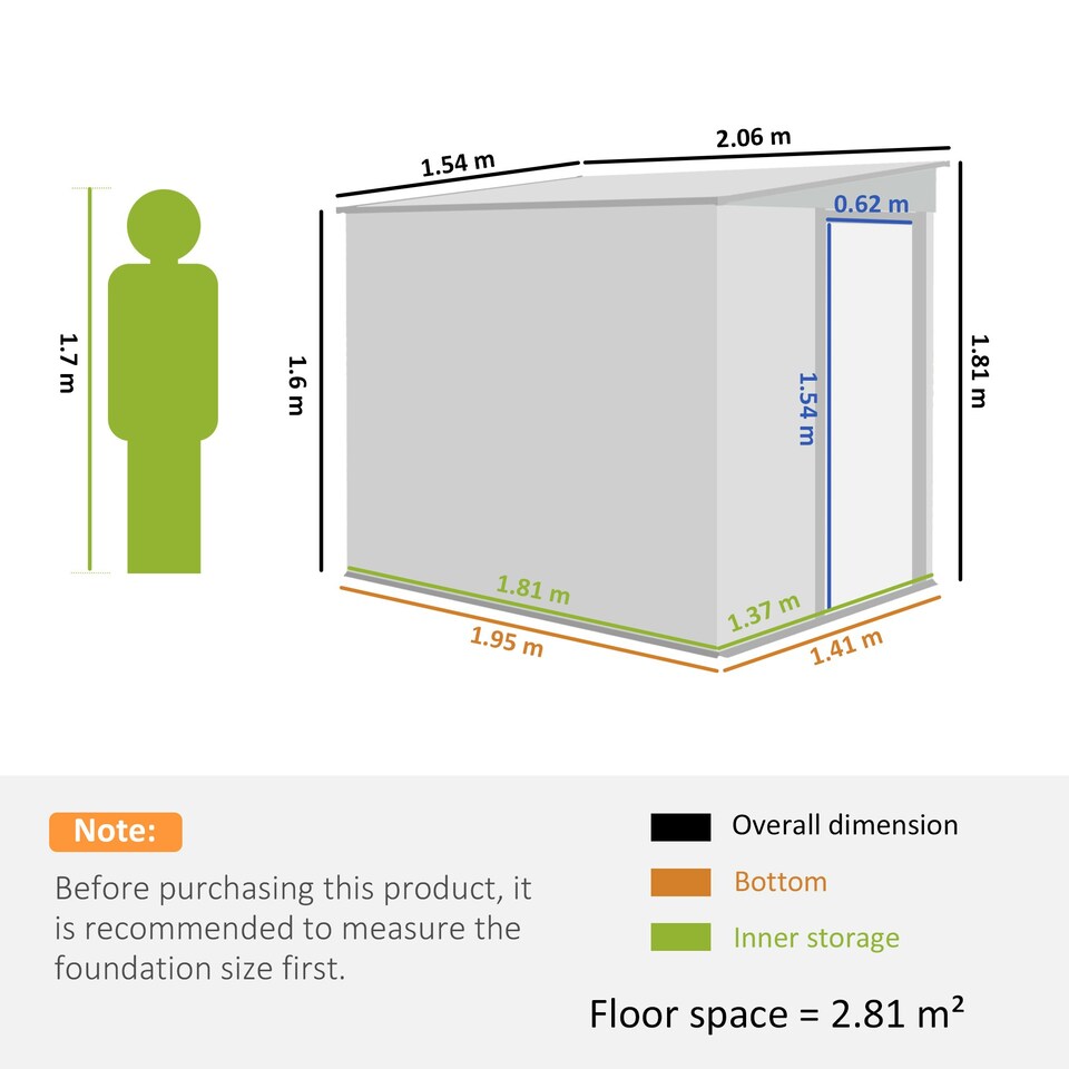 image 1 of Outsunny 7 x 5FT Garden Shed w/ Foundation Lean to Metal Tool Shed Green | Multi | 154W x 206.5D x 181Hcm | 1