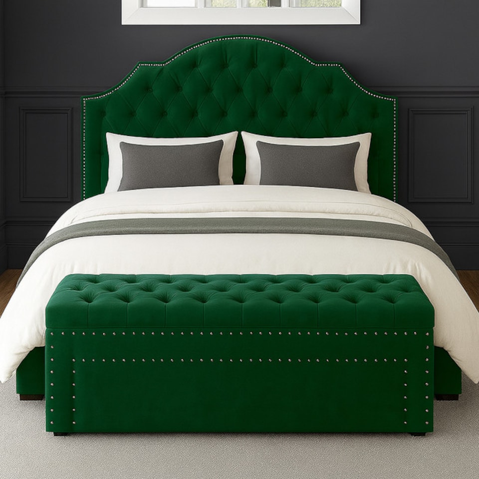 image 1 of 90cm Duke Ottoman Storage Box -Upholstered Blanket Box - Forest Green Plush Velvet Multifunctional Storage Box