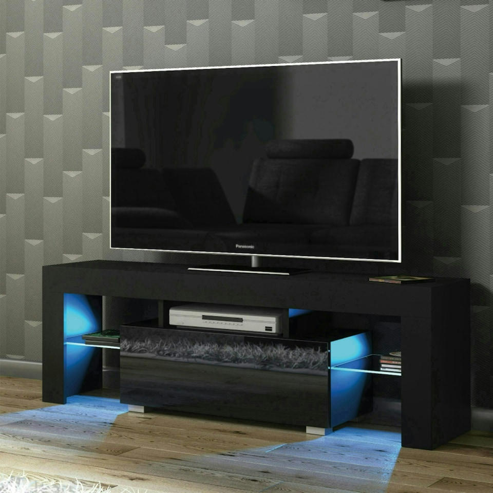image 1 of TV Unit 130cm Black Gloss Door Black Matt Body with Glass Shelves Free LED Black