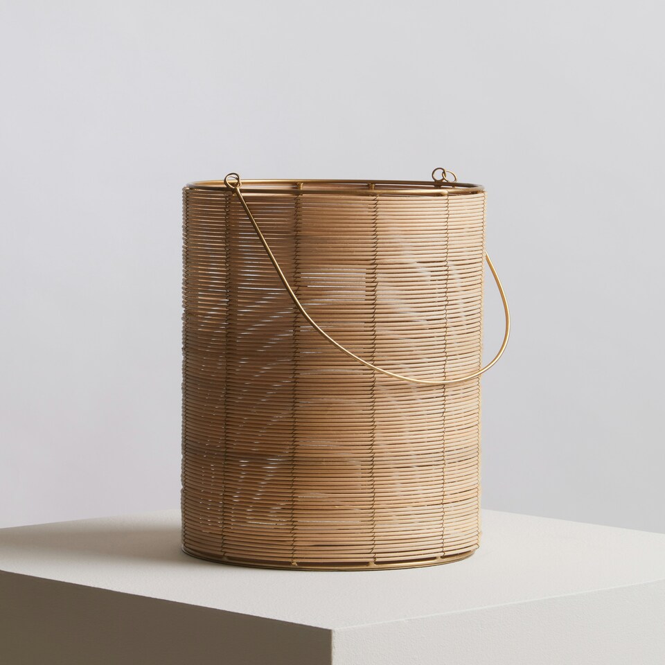 image 1 of Interiors by Premier Hurricane Candle Holder, Eco-Friendly Rattan and Iron Frame Candle Holder, Rustic Design with Sleek Handle Cream
