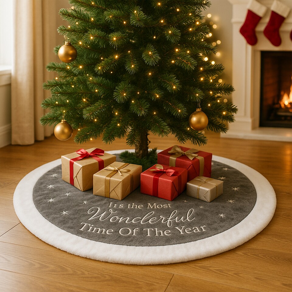 image 1 of 100cm Grey & White Velvet Christmas Tree Skirt, Xmas Tree Floor Mat Cover